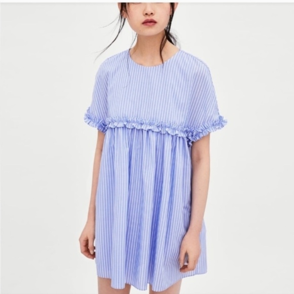 Zara TRF Blue White Striped Short Sleeve Ruffle Coastal Preppy Romper Size L
